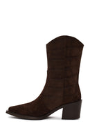 Woman Brown Printed Chunky-Heeled Suede Cowboy Boots | Derimod