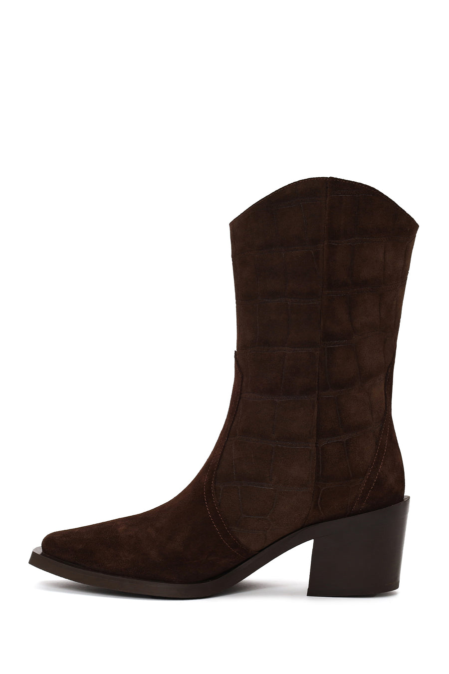 Woman Brown Printed Chunky-Heeled Suede Cowboy Boots