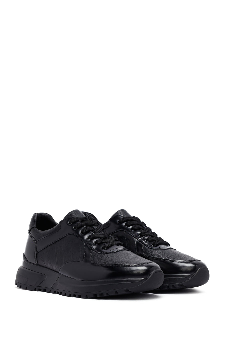 Men's Black Lace-Up Leather Casual Sneakers