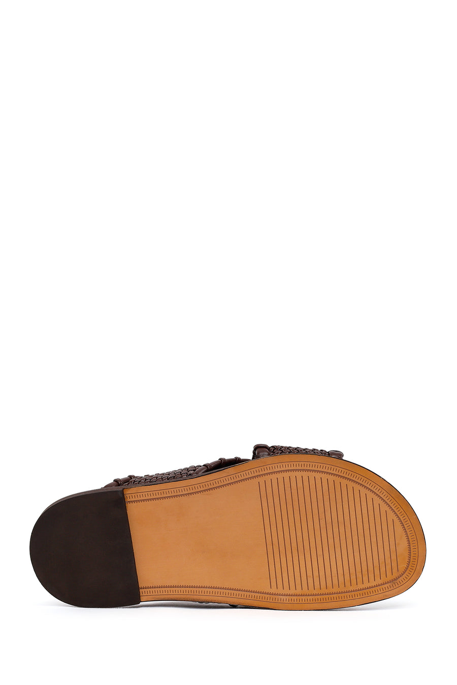 Woman Brown Knitted Patterned Leather Slipper