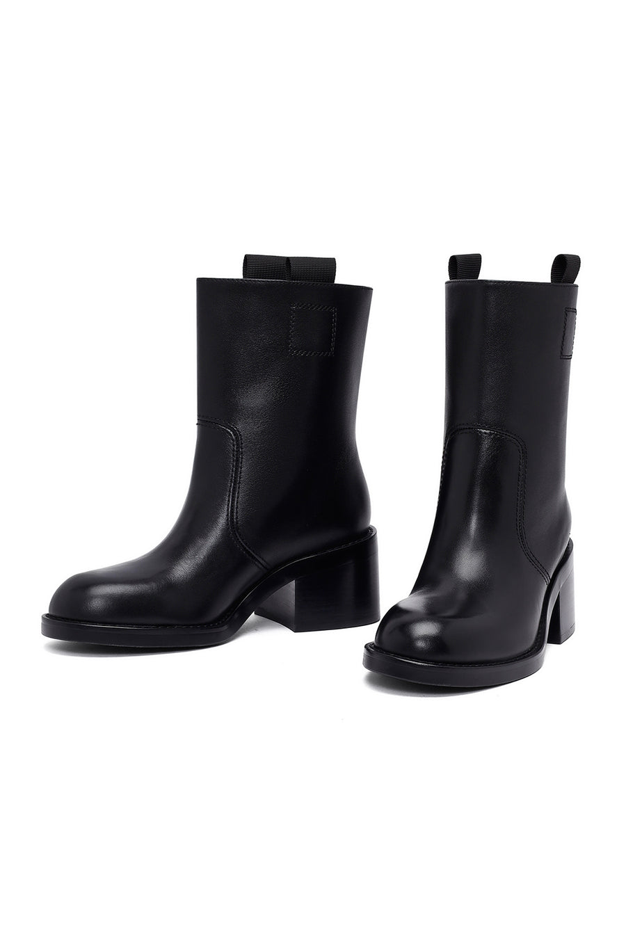Women's Black Short Thick Heel Leather Boots