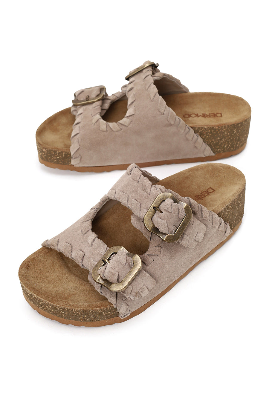 Woman Beige Double-Buckle Thick-Soled Suede Slipper