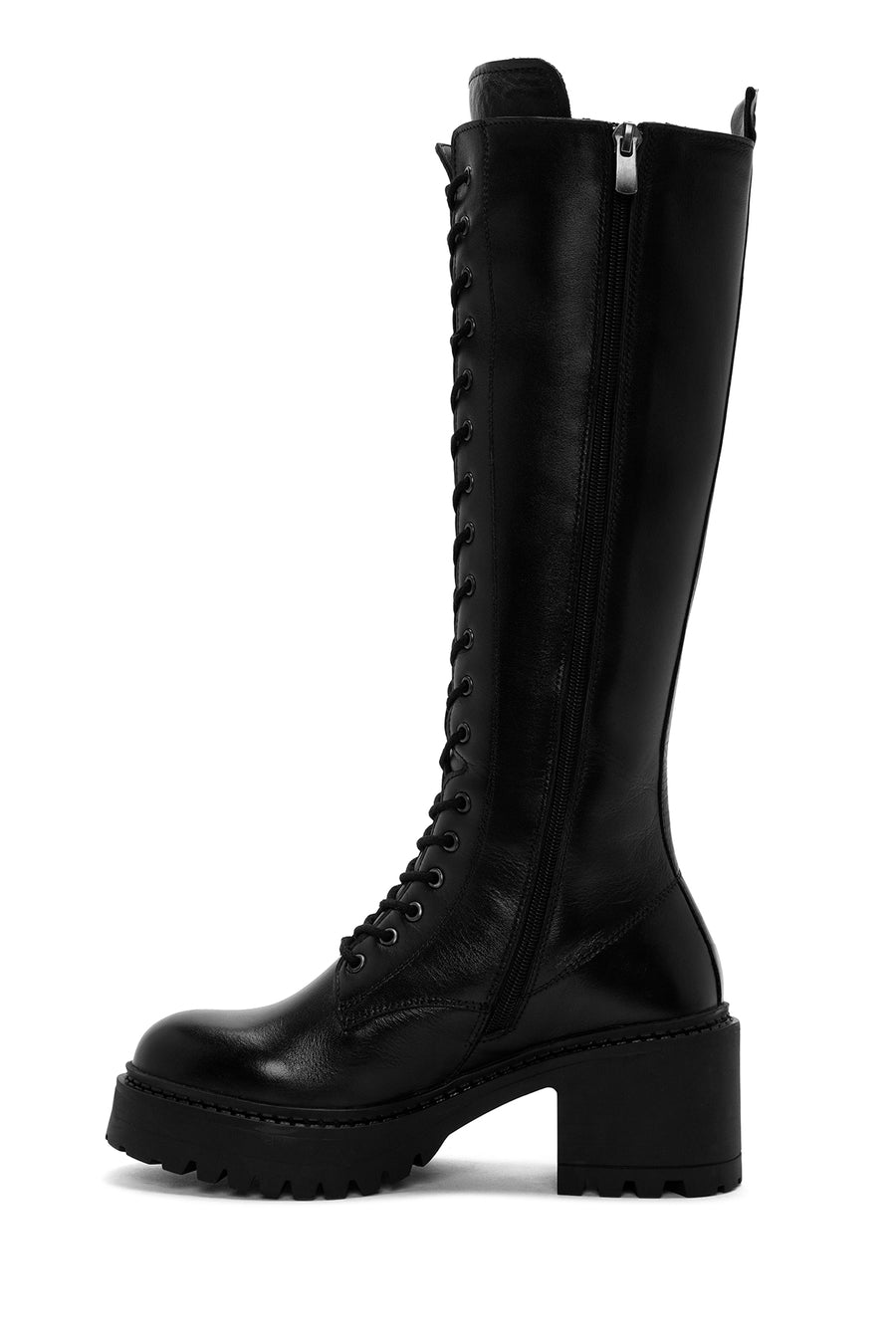Women's Black Lace-Up Zipper Detailed Thick Heeled Leather Boots