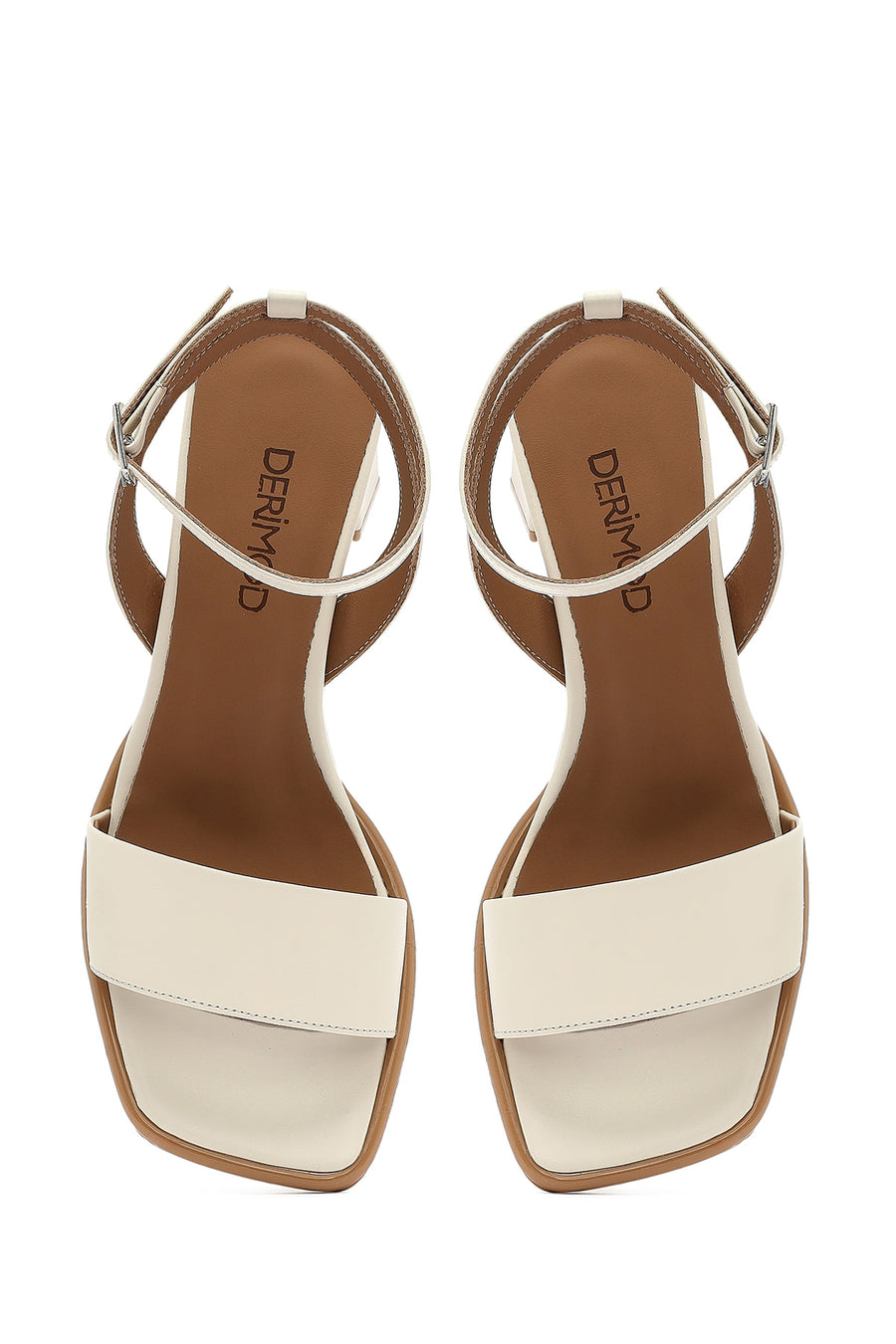Women's Cream Ankle Buckle Thick Heel Leather Sandals