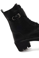 Woman Black Zip Closure Thick-heeled Leather Combat Boots | Derimod