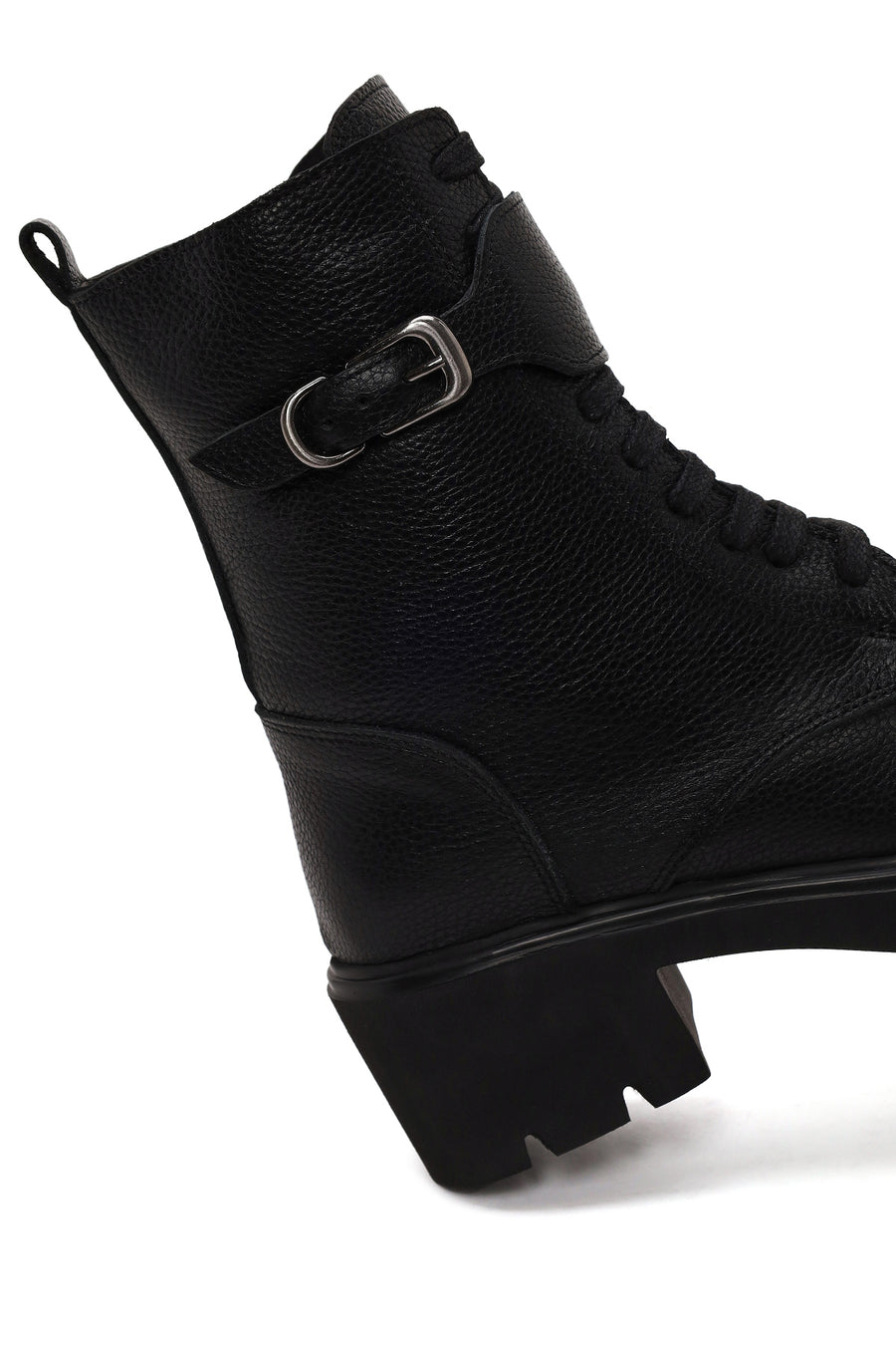 Woman Black Zip Closure Thick-heeled Leather Combat Boots