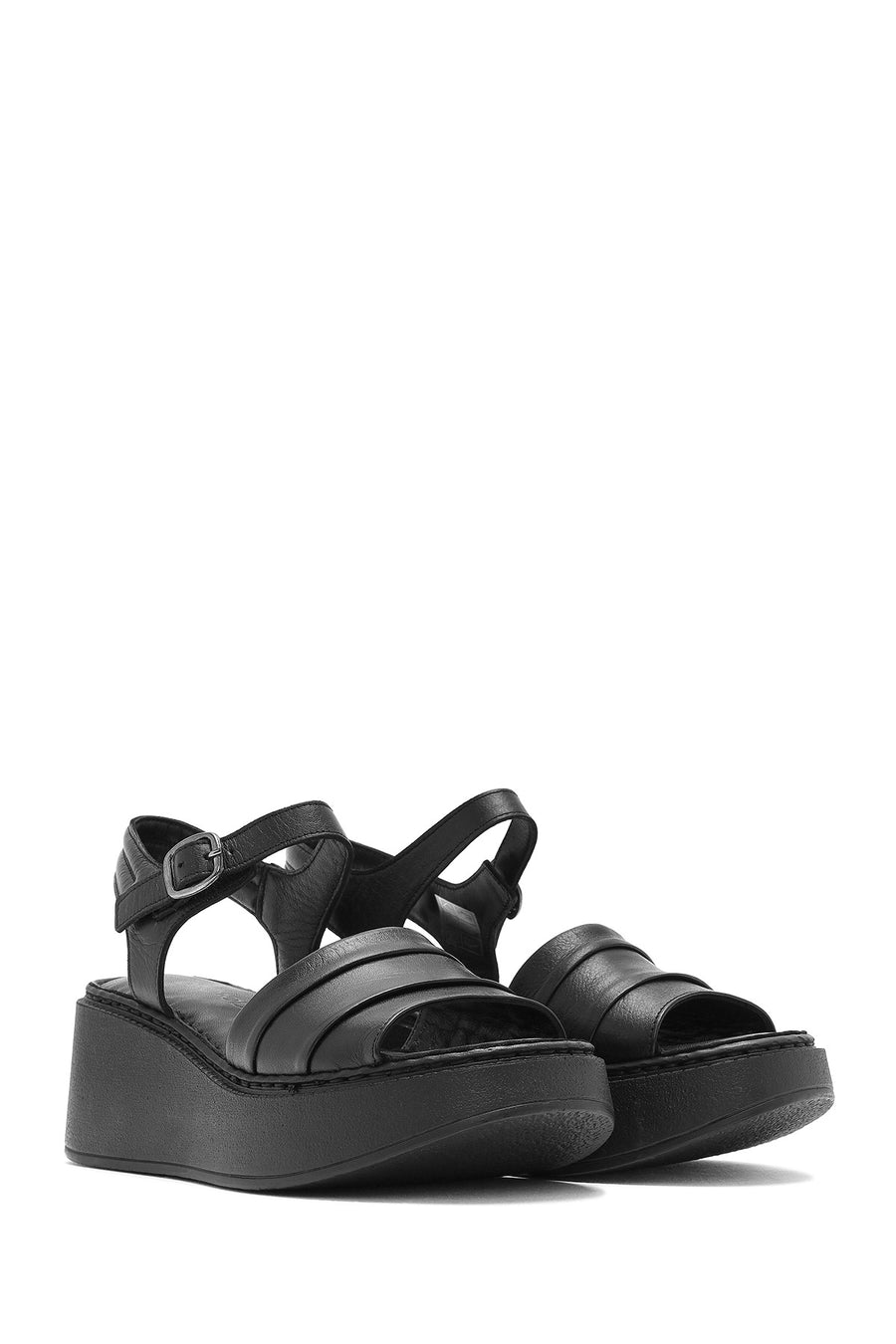 Women's Black Thick Soled Leather Comfort Sandals