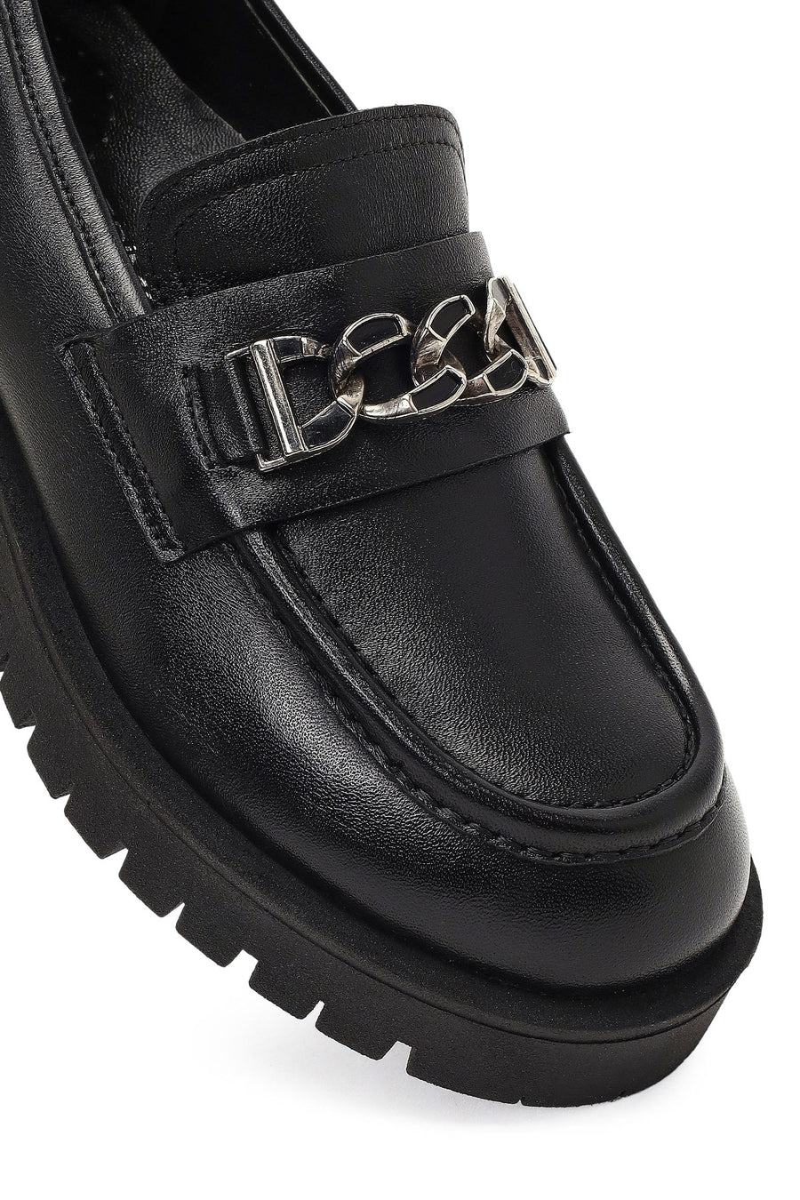 Kadın Siyah Kalın Tabanlı Tokalı Deri Maskülen Loafer