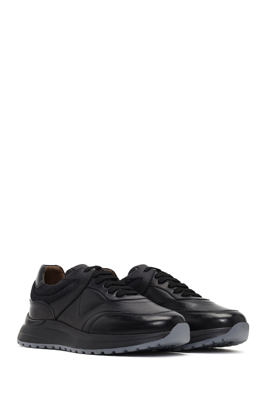 Men's Black Lace-Up Thick-Soled Leather Sneaker