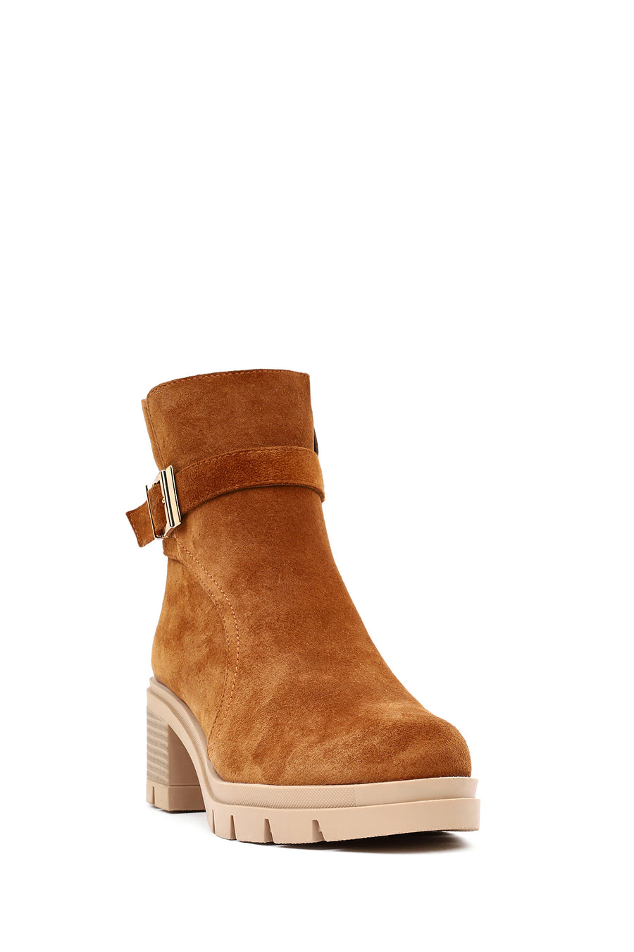 Women's Tan Thick Heeled Zippered Suede Leather Boot