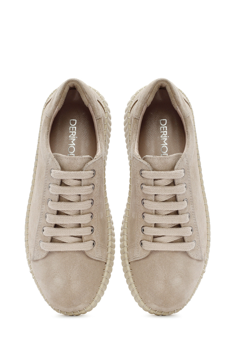 Women's Beige Lace-Up Chunky Sole Suede Leather Sneakers