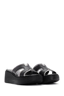 Women's Black Leather Wedge Heel Comfort Slippers | Derimod