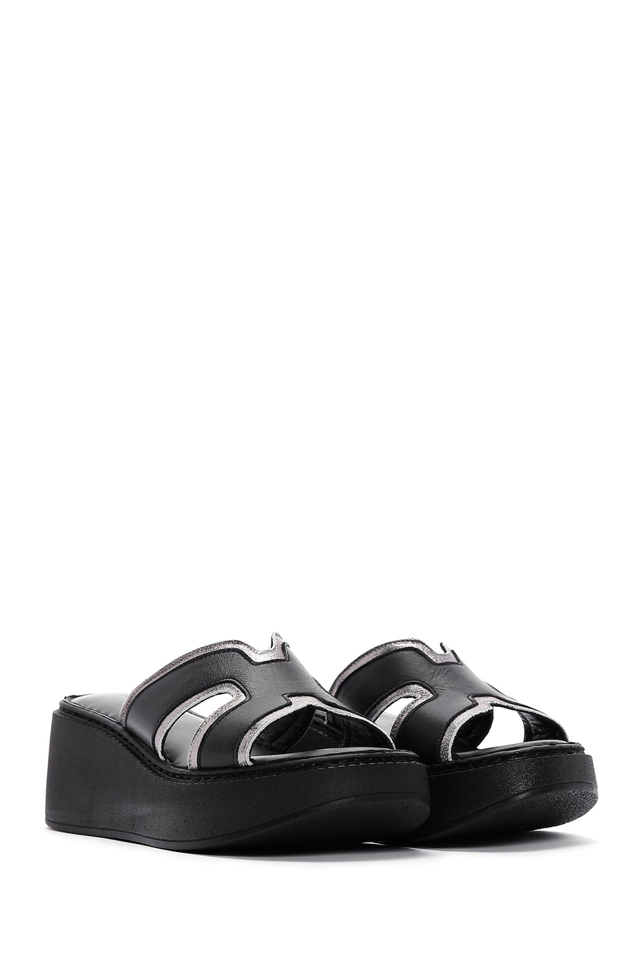 Women's Black Leather Wedge Heel Comfort Slippers