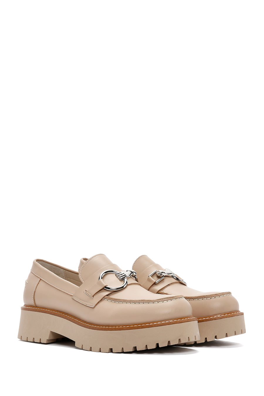 Women's Beige Thick Soled Leather Masculine Loafer