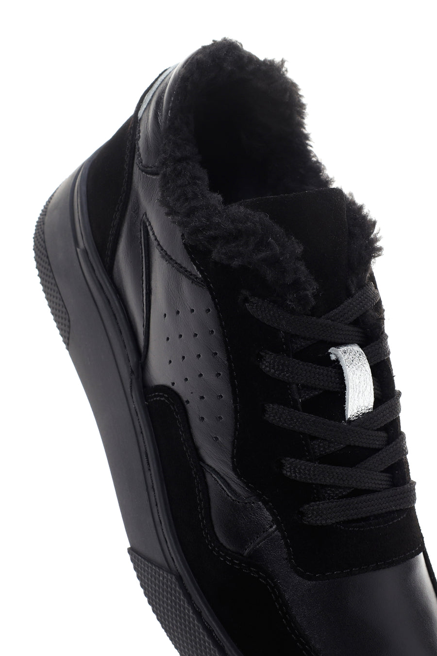 Women's Black Thick Sole Furry Leather Sneaker
