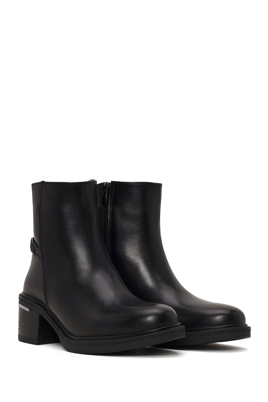 Woman Black Zip Closure Chunky-heeled Leather Boots