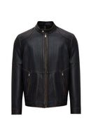 James Men's Black Stand Collar Leather Jacket | Derimod