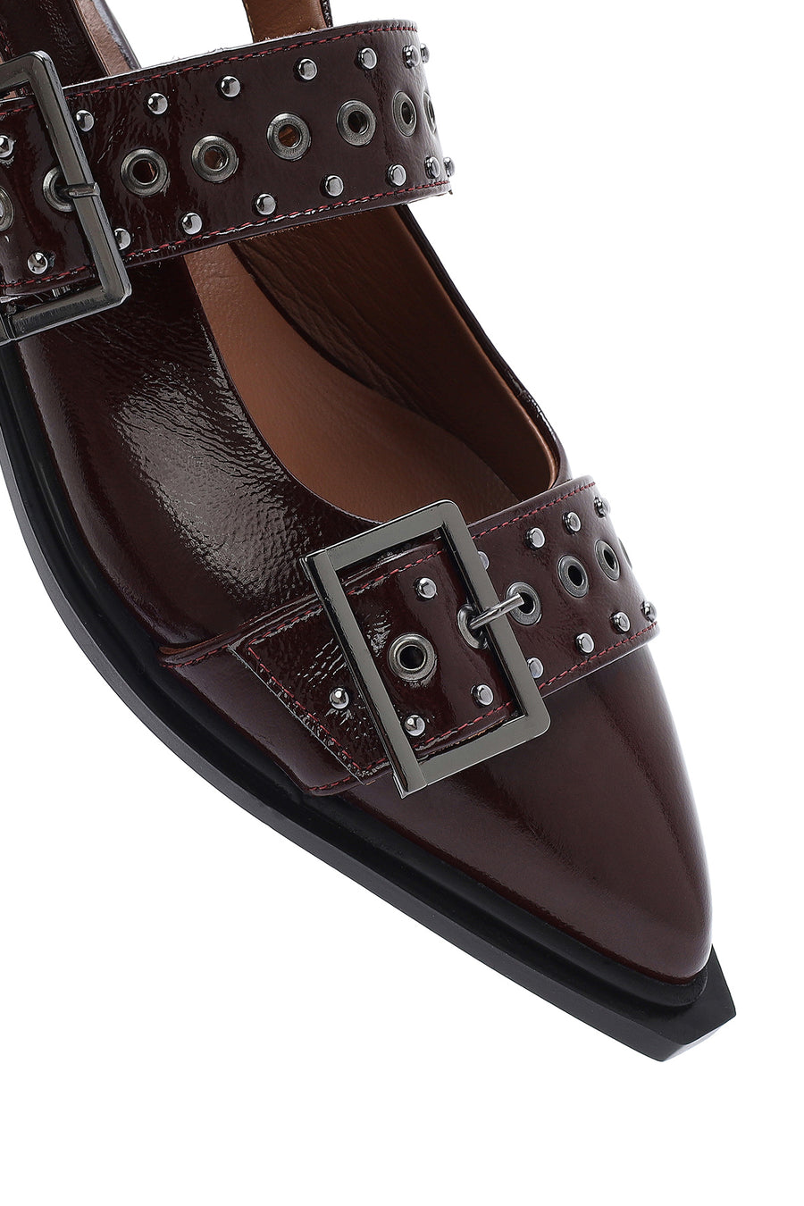 Women's Claret Red Open Back Buckled Patent Leather Ballerinas