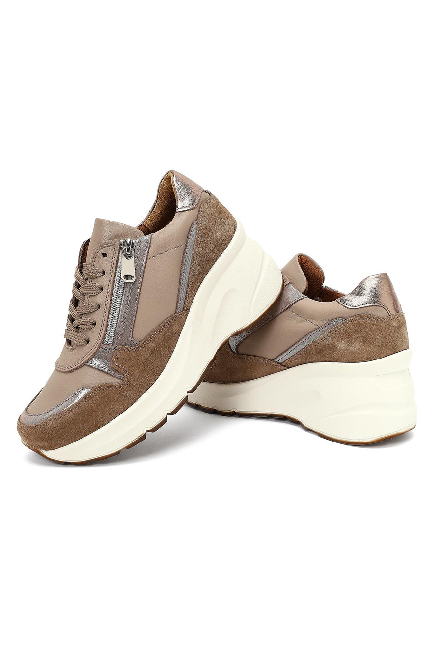 Women's Mink Lace-Up Zipper Detailed Wedge Heel Leather Sneaker