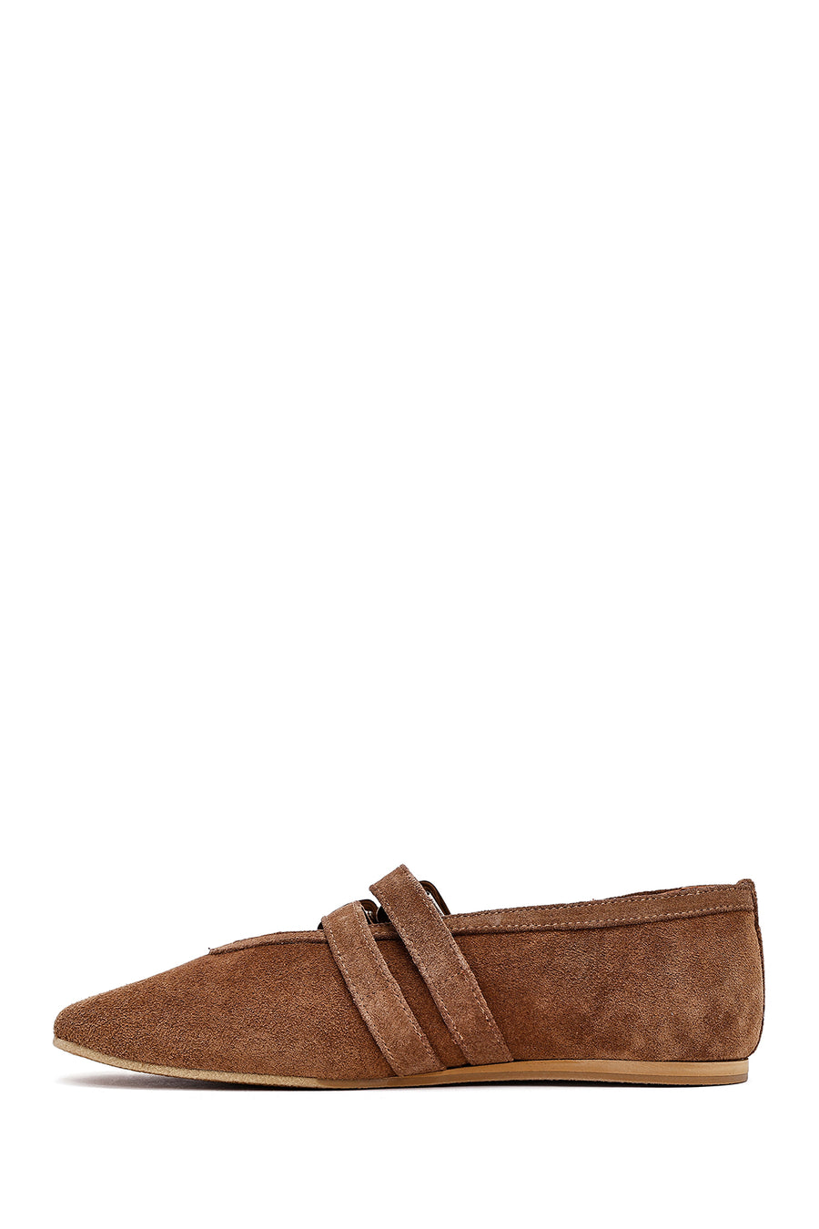 Women's Tan Double Buckled Suede Leather Ballerinas