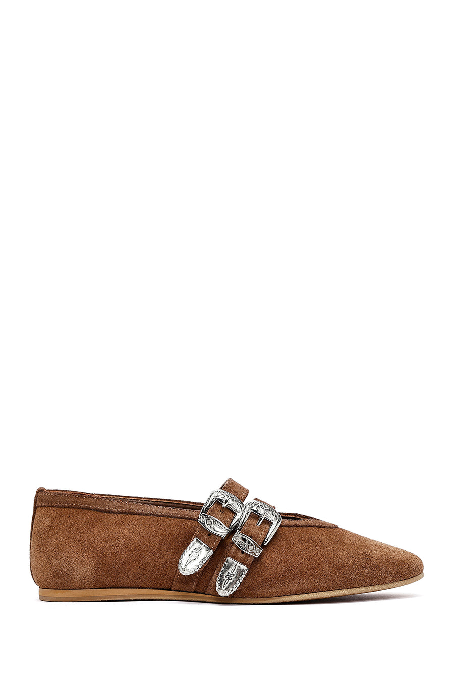 Women's Tan Double Buckled Suede Leather Ballerinas 26PFD140010 | Derimod