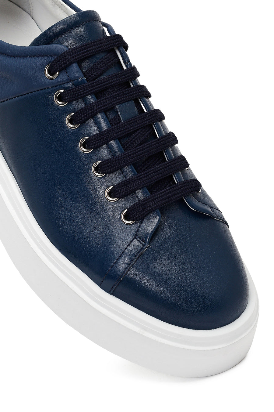 Erkek Lacivert Bağcıklı Kalın Tabanlı Deri Sneaker