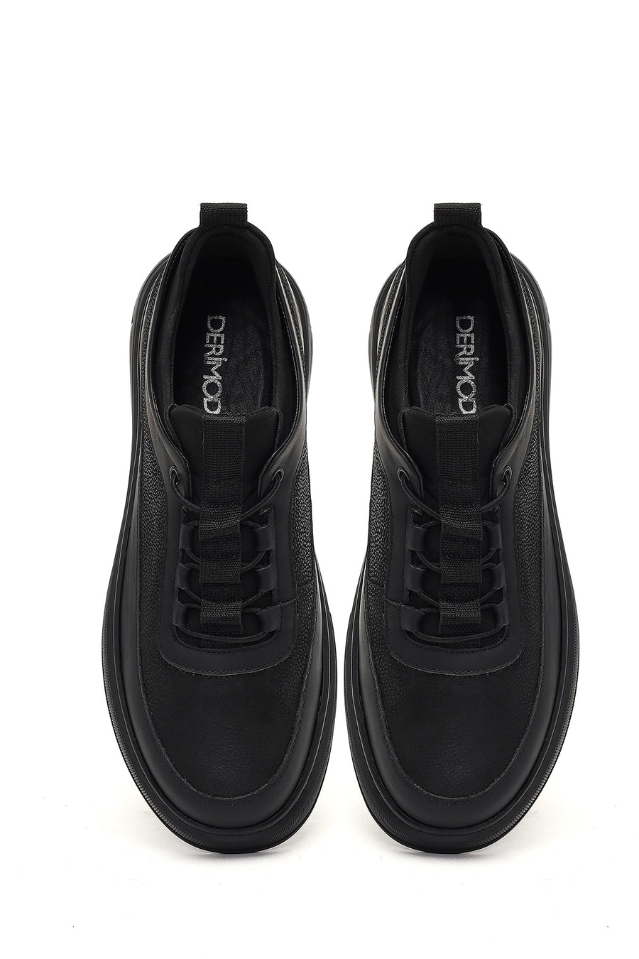 Men's Black Lace-Up Thick-Soled Leather Sneaker