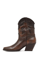 Women's Brown Short Chunky Heel Leather Cowboy Boots | Derimod