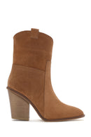 Women's Tan Thick Heeled Suede Cowboy Boots | Derimod