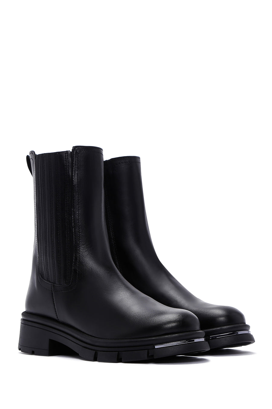 Woman Black Zippered Thick Sole Leather Boat