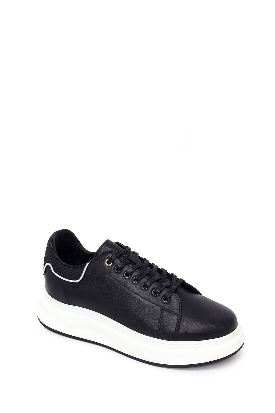 Erkek Siyah Bağcıklı Kalın Tabanlı Deri Sneaker