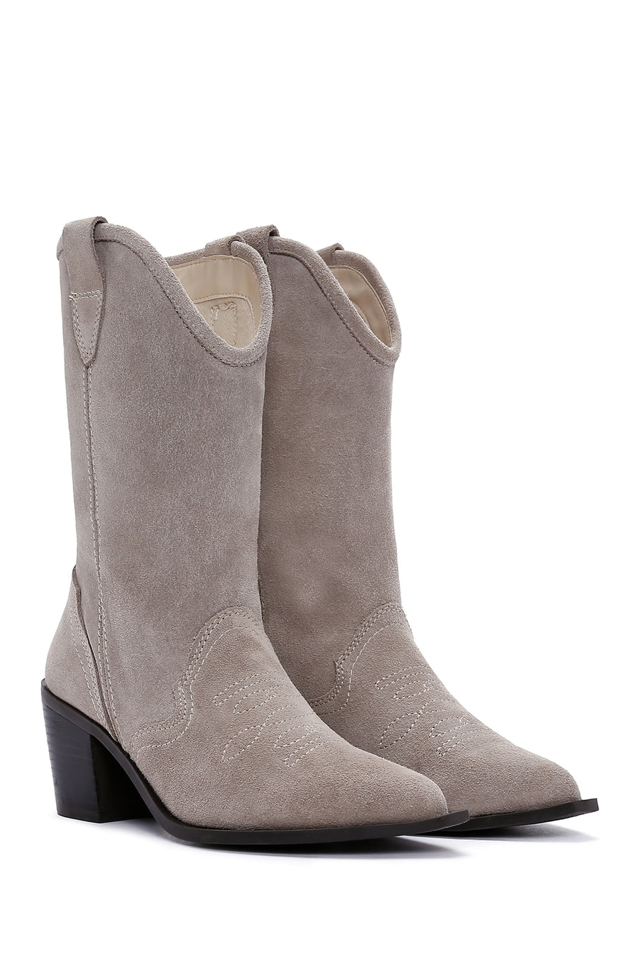 Women's Beige Thick Heeled Suede Leather Cowboy Boots