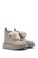 Women's Grey Thick-Soled Fur-Lined Leather Boots | Derimod