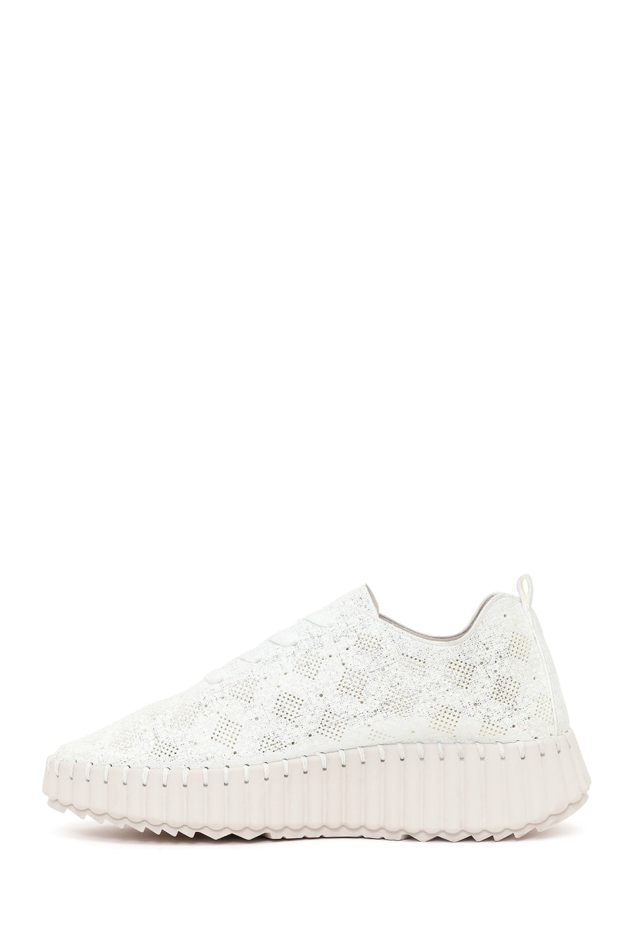 Woman White Lace-Up Patterned Thick-Soled Fabric Sneaker
