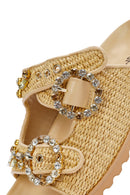 Women's Beige Straw Stone Slippers | Derimod