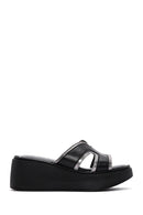 Women's Black Leather Wedge Heel Comfort Slippers | Derimod