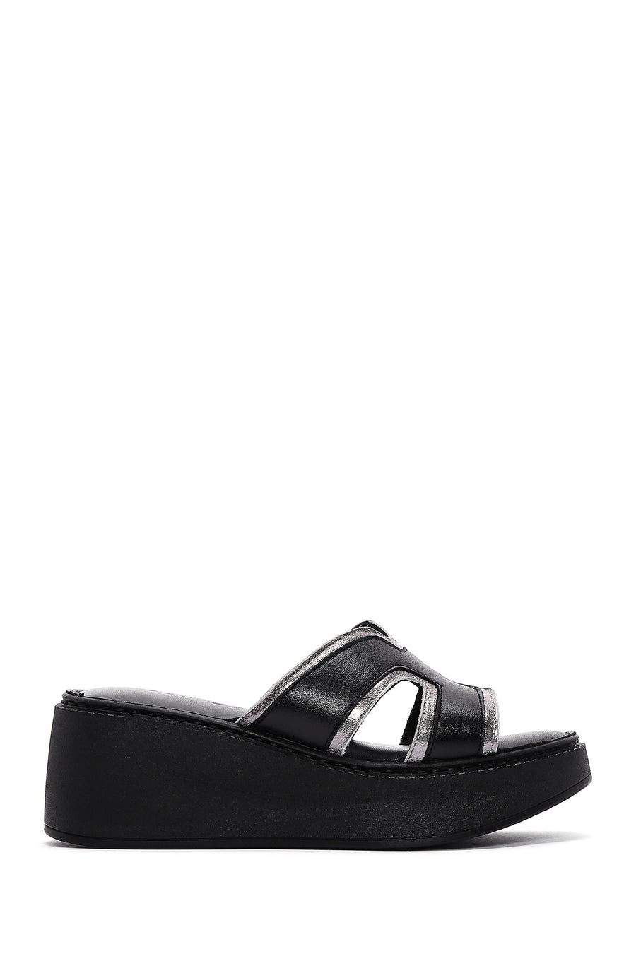 Women's Black Leather Wedge Heel Comfort Slippers 23SFD341718 | Derimod