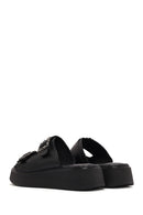 Women's Black Double Buckle Thick-Soled Leather Comfort Slippers | Derimod