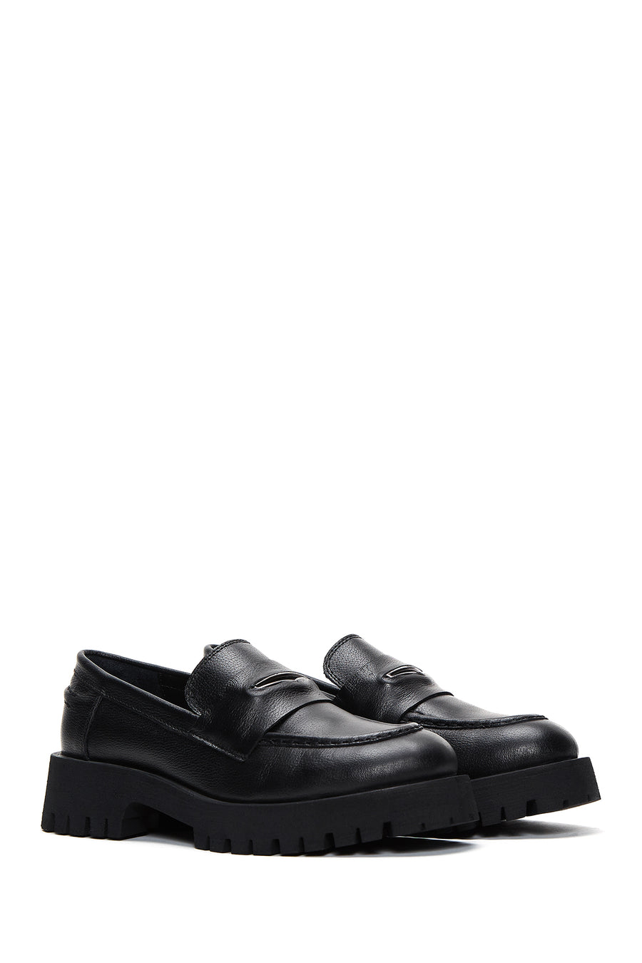Women's Black Thick Soled Leather Masculine Loafer