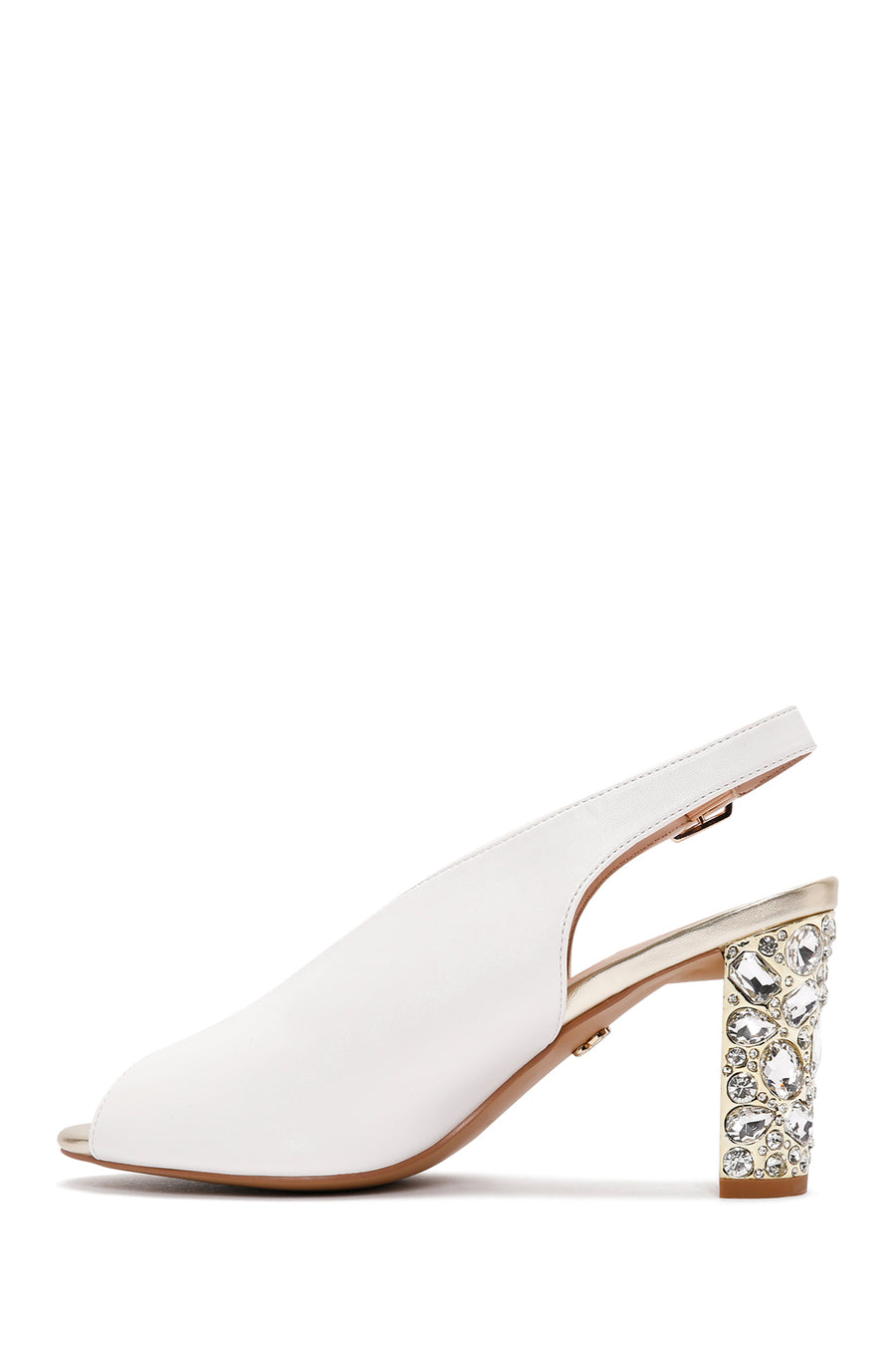 Women's White Back Strap Stoned Thick Heel Sandals