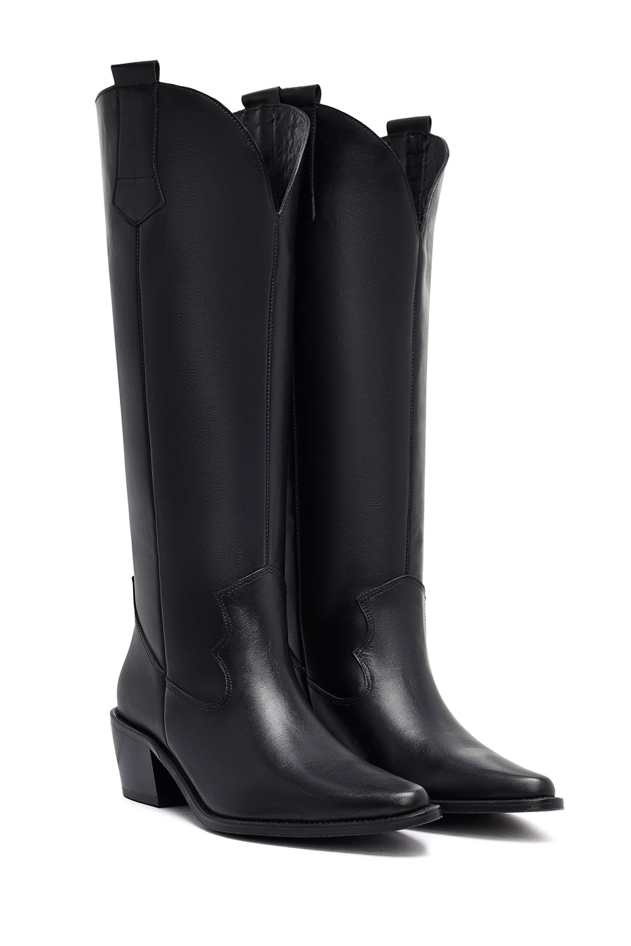 Woman Black Thick-Heeled Leather Cowboy Boots