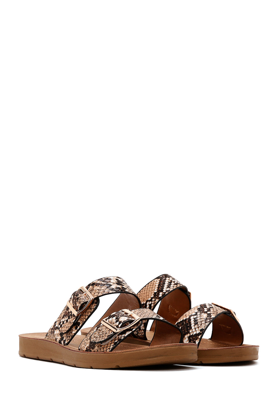 Women's Brown Double Buckled Patterned Slippers