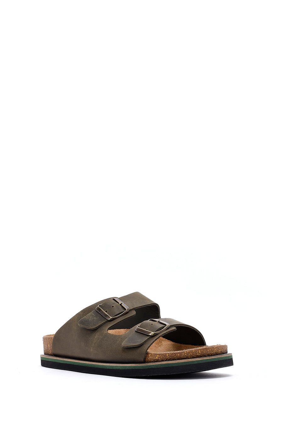 Men's Khaki Buckled Nubuck Leather Slippers