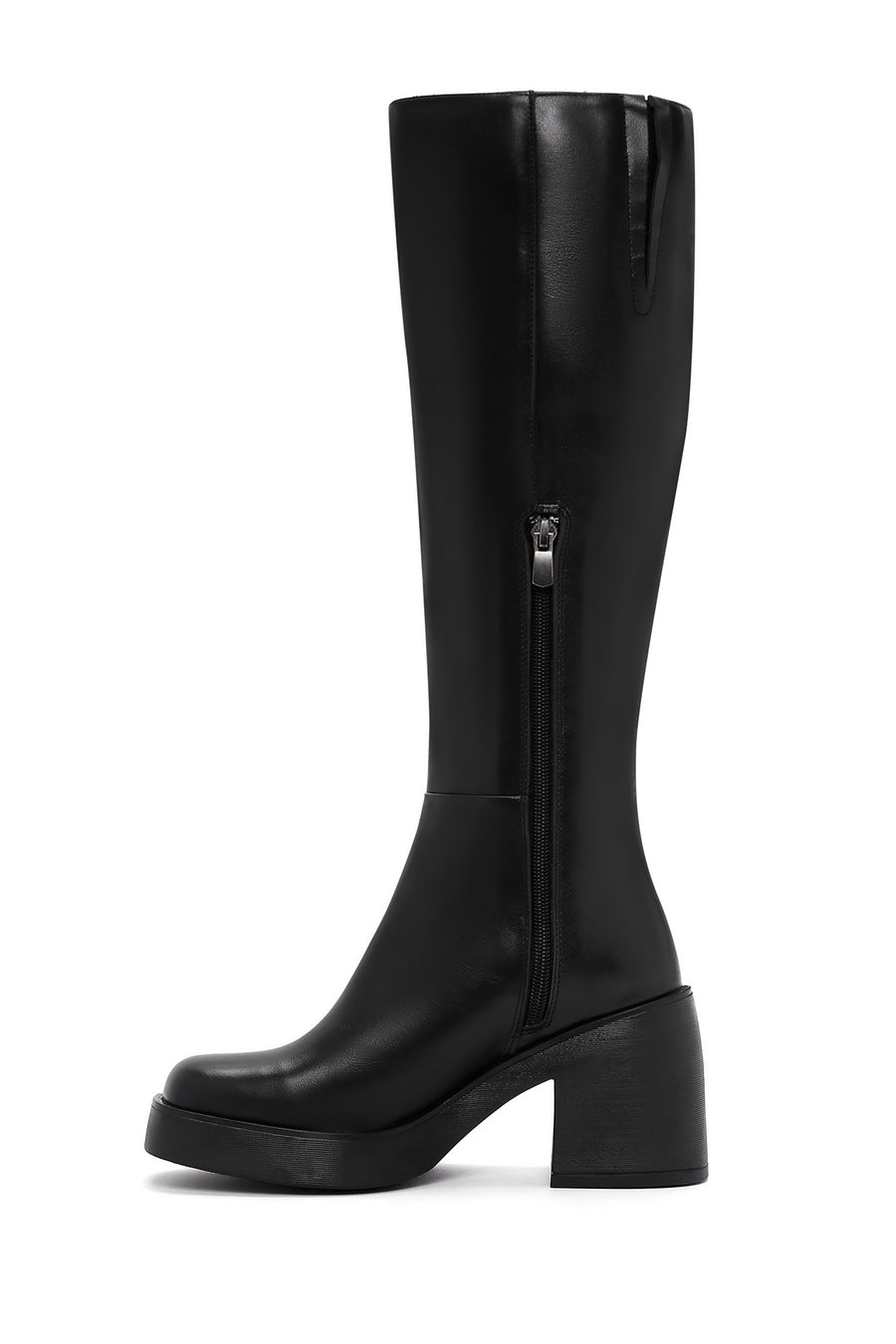 Women's Black Thick Heeled Zippered Casual Leather Boots