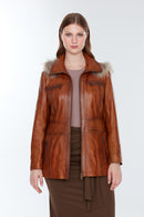 Rachel (Plus) Women's Camel Leather Coat | Derimod
