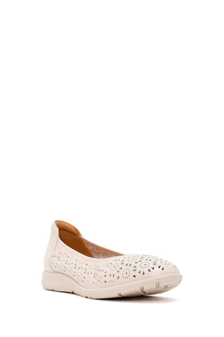 Women's Cream Patterned Leather Ballet Flats