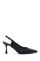 Women's Black Ankle Buckle Printed Thin Heel Open Back Leather Shoes | Derimod