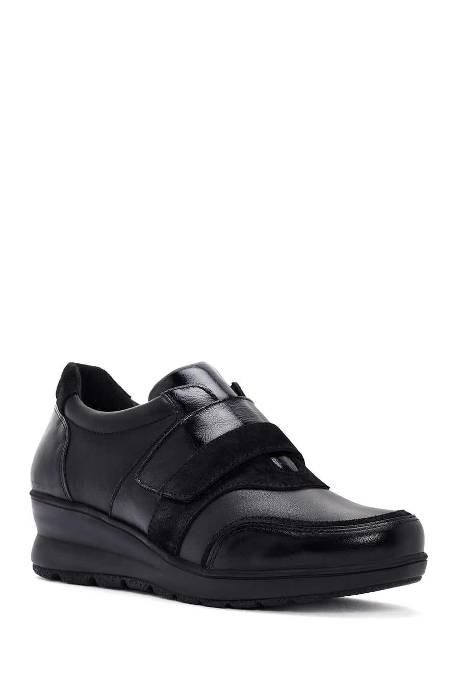 Women's Black Wedge Heeled Leather Comfort Shoes