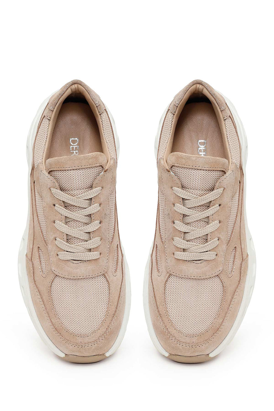 Kadın Bej Bağcıklı Kalın Tabanlı Süet Deri Sneaker