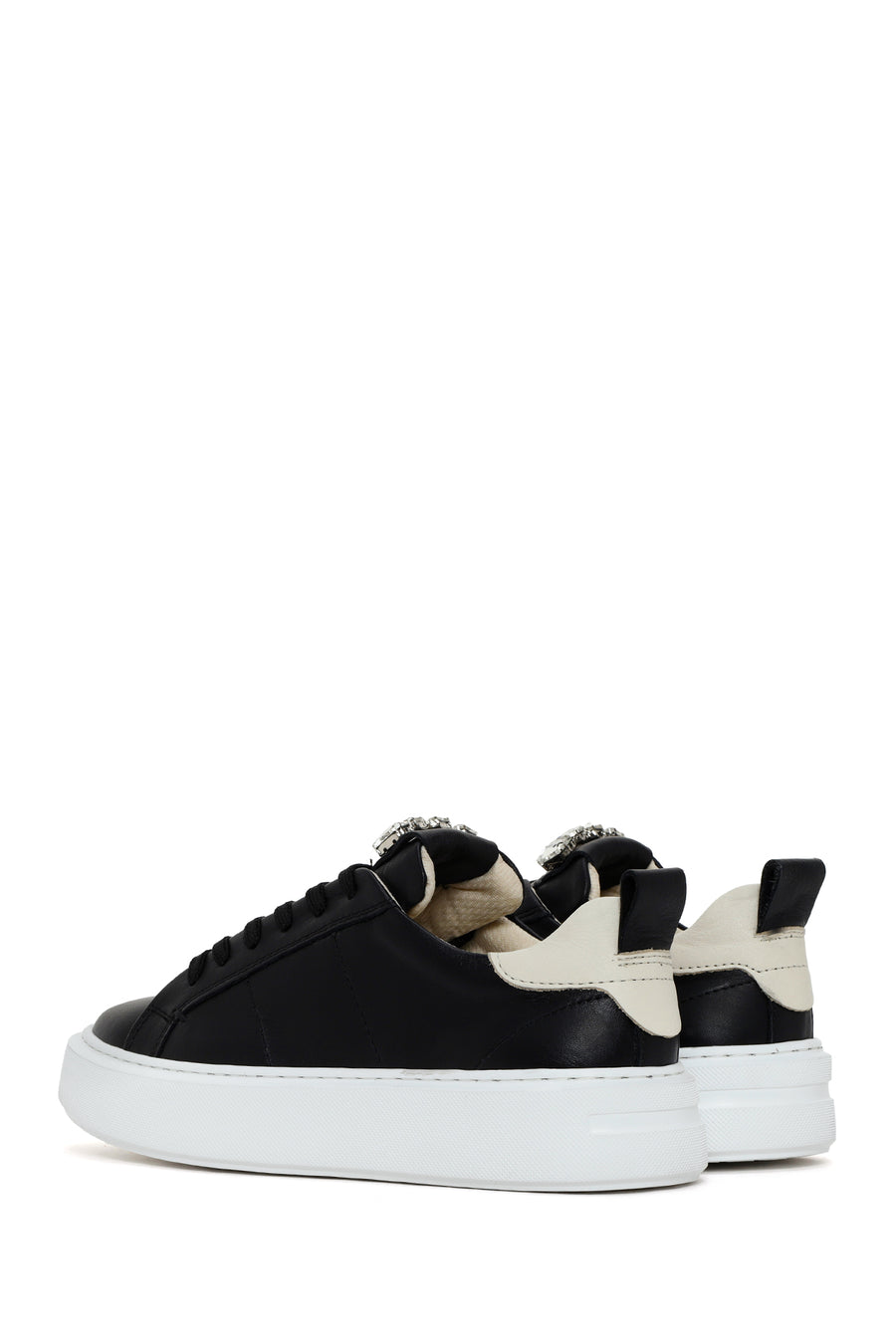 Women's Black Lace-up Leather Sneaker with Accessory Detail